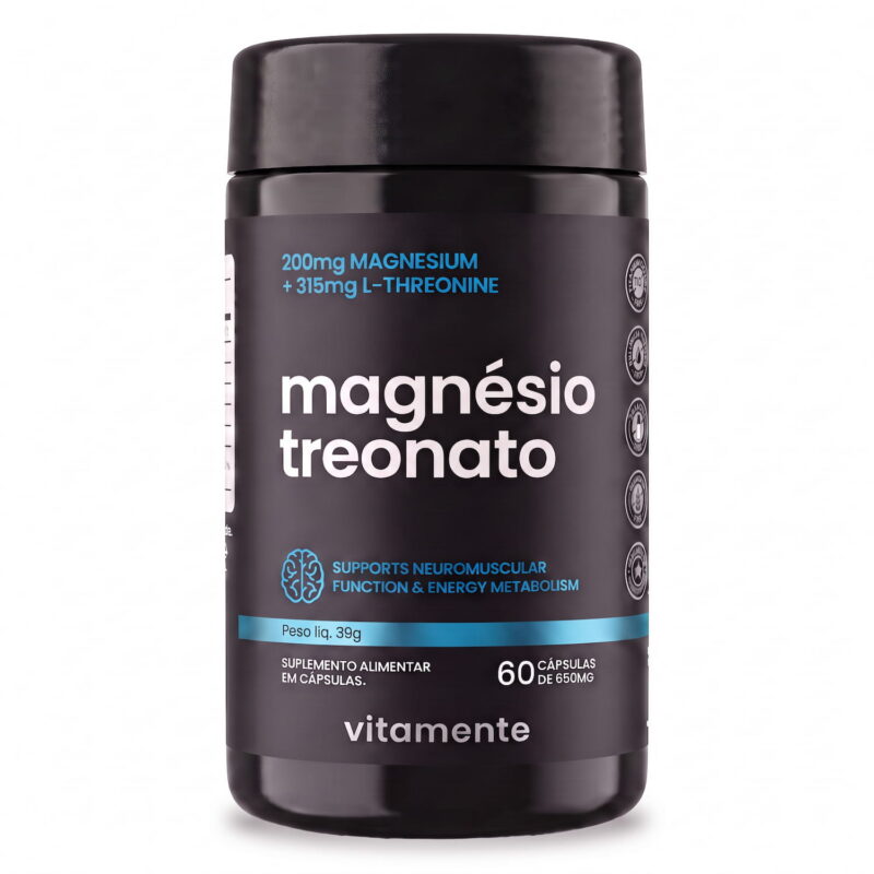 Frente de um pote de Magnésio Treonato Vitamente em fundo branco.