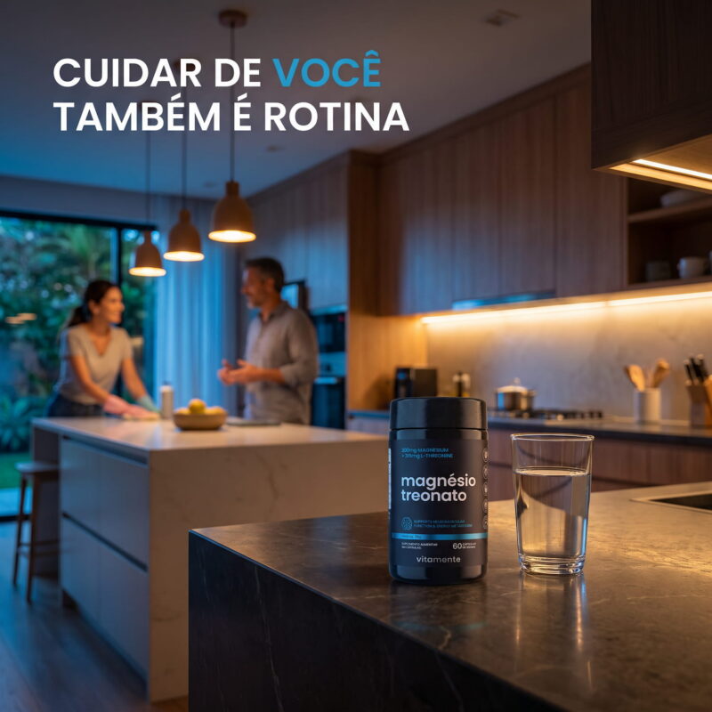 Magnésio Treonato Vitamente: pote na rotina da noite em casa