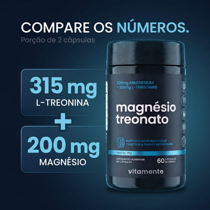 Magnésio Treonato Vitamente: 315 mg de L-treonina + 200 mg de magnésio por porção