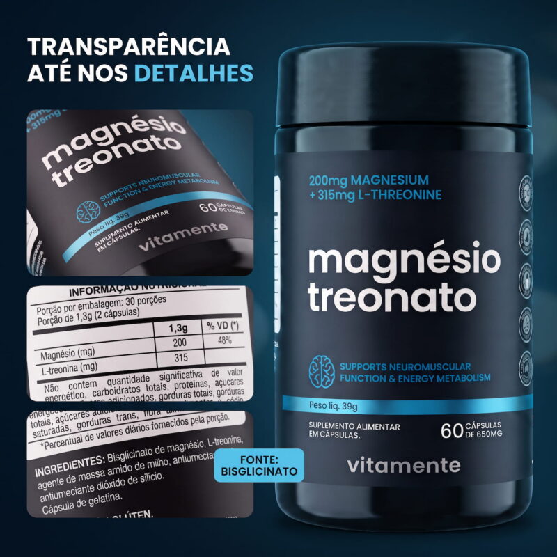 Magnésio Treonato Vitamente: rótulo com tabela nutricional