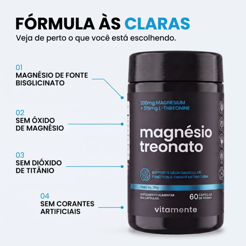 Magnésio Treonato Vitamente: fórmula sem óxido de magnésio e sem dióxido de titânio